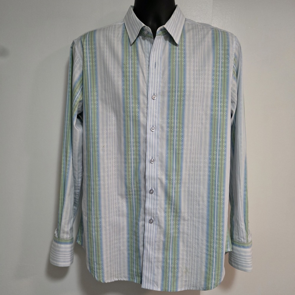 ROBERT GRAHAM Size MEDIUM Blue Green 100% Cotton Button Up Shirt Vertical Stripe